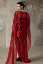 Straight-Neck Cape-Style Spaghetti-Strap 3D Floral Evening Gown
