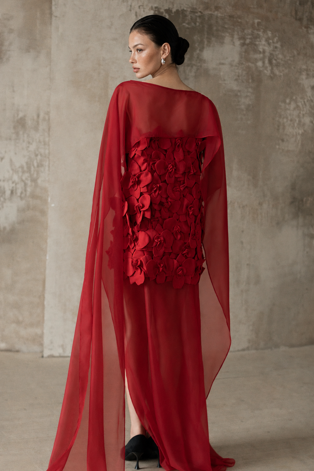 Straight-Neck Cape-Style Spaghetti-Strap 3D Floral Evening Gown