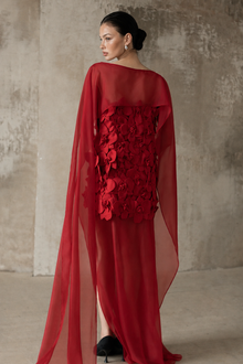 Straight-Neck Cape-Style Spaghetti-Strap 3D Floral Evening Gown