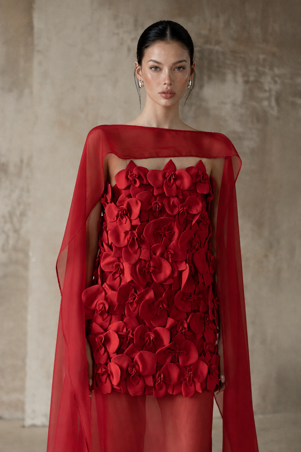 Straight-Neck Cape-Style Spaghetti-Strap 3D Floral Evening Gown