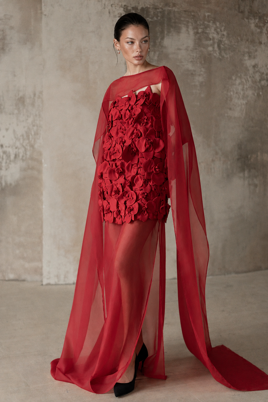 Straight-Neck Cape-Style Spaghetti-Strap 3D Floral Evening Gown