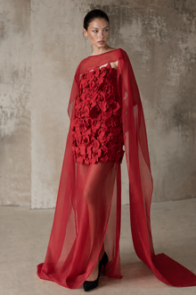 Straight-Neck Cape-Style Spaghetti-Strap 3D Floral Evening Gown