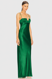 Spaghetti Strap Deconstructed-Bust Backless Acetate Satin/ Mulberry Silk Green Evening Gown