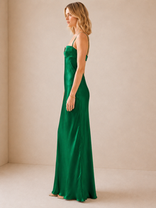 Spaghetti Strap Deconstructed-Bust Backless Acetate Satin/ Mulberry Silk Green Evening Gown