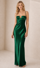 Spaghetti Strap Deconstructed-Bust Backless Acetate Satin/ Mulberry Silk Green Evening Gown