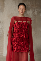 Straight-Neck Cape-Style Spaghetti-Strap 3D Floral Evening Gown