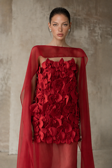 Straight-Neck Cape-Style Spaghetti-Strap 3D Floral Evening Gown