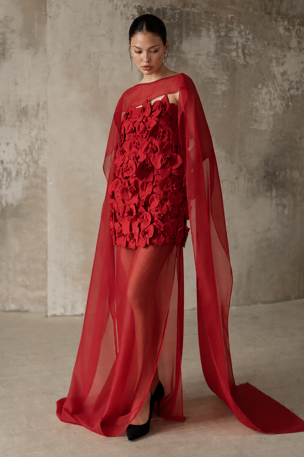 Straight-Neck Cape-Style Spaghetti-Strap 3D Floral Evening Gown