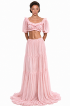 Scoop-Neck Lettuce-Trim Puff-Sleeve Cropped Top and Low-Rise Ruched Skirt Chiffon Set