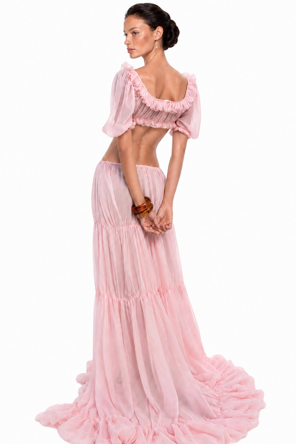 Scoop-Neck Lettuce-Trim Puff-Sleeve Cropped Top and Low-Rise Ruched Skirt Chiffon Set