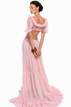 Scoop-Neck Lettuce-Trim Puff-Sleeve Cropped Top and Low-Rise Ruched Skirt Chiffon Set