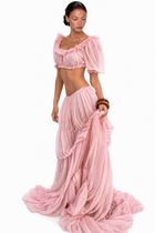 Scoop-Neck Lettuce-Trim Puff-Sleeve Cropped Top and Low-Rise Ruched Skirt Chiffon Set