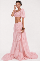 Scoop-Neck Lettuce-Trim Puff-Sleeve Cropped Top and Low-Rise Ruched Skirt Chiffon Set