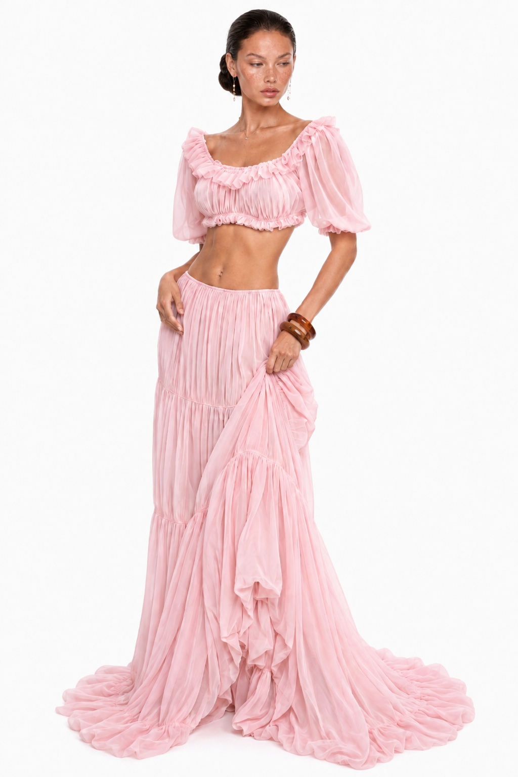 Scoop-Neck Lettuce-Trim Puff-Sleeve Cropped Top and Low-Rise Ruched Skirt Chiffon Set