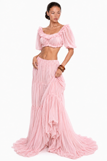 Scoop-Neck Lettuce-Trim Puff-Sleeve Cropped Top and Low-Rise Ruched Skirt Chiffon Set