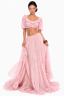 Scoop-Neck Lettuce-Trim Puff-Sleeve Cropped Top and Low-Rise Ruched Skirt Chiffon Set