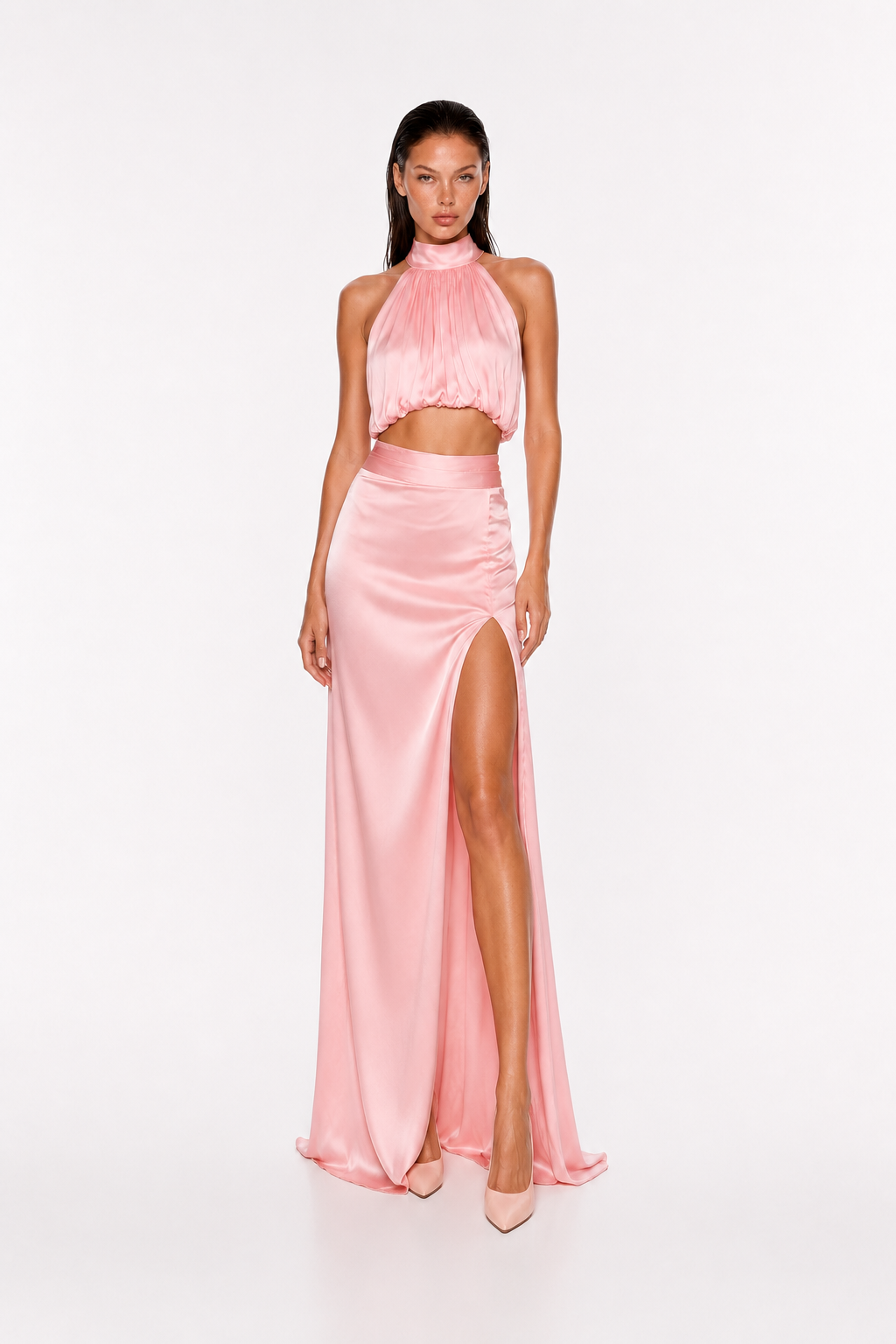 High-Neck Sleeveless Top and High-Waisted Side-Slit Satin Skirt Set