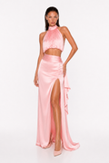 High-Neck Sleeveless Top and High-Waisted Side-Slit Satin Skirt Set