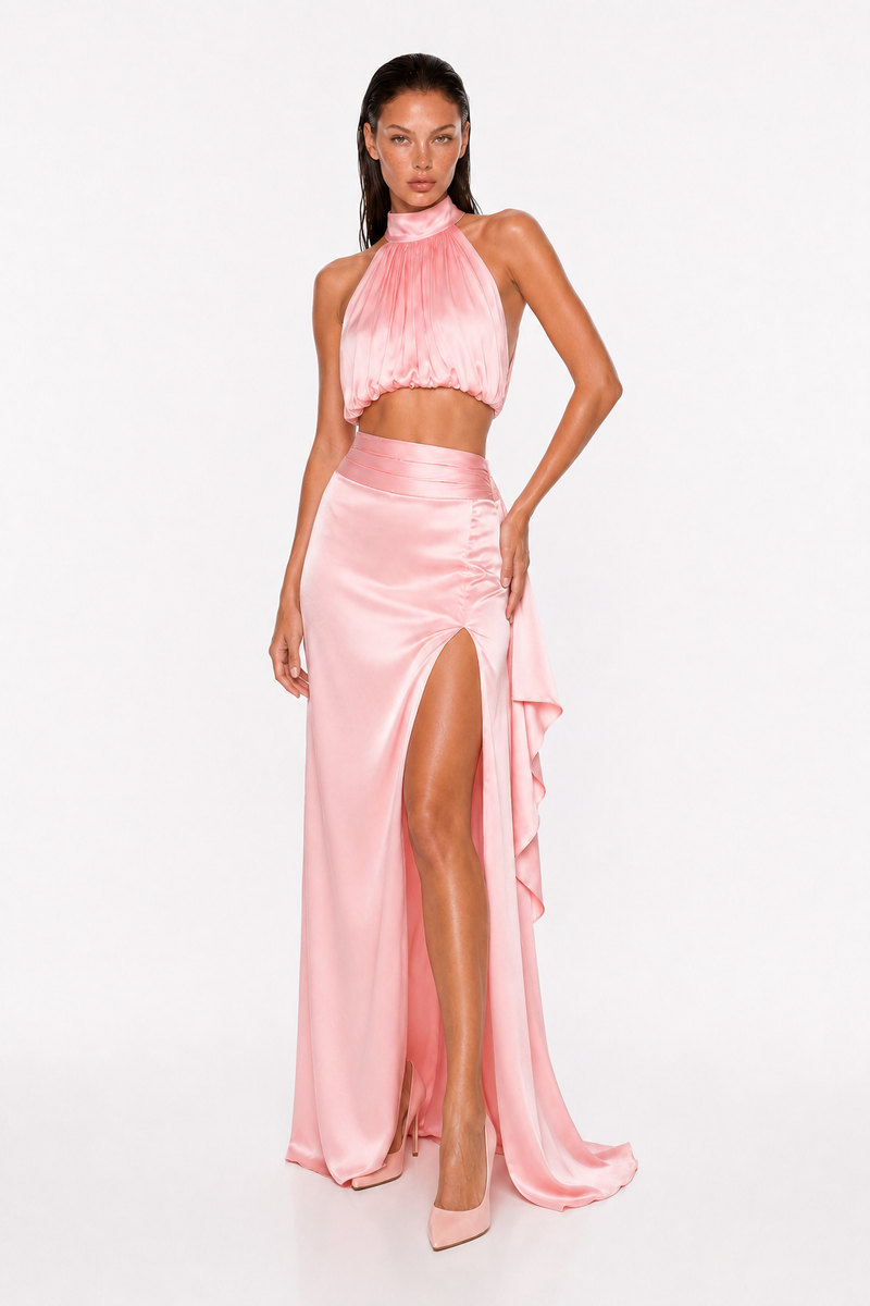 High-Neck Sleeveless Top and High-Waisted Side-Slit Satin Skirt Set