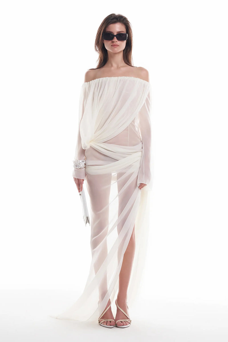 Off-shoulder draped sheer dress