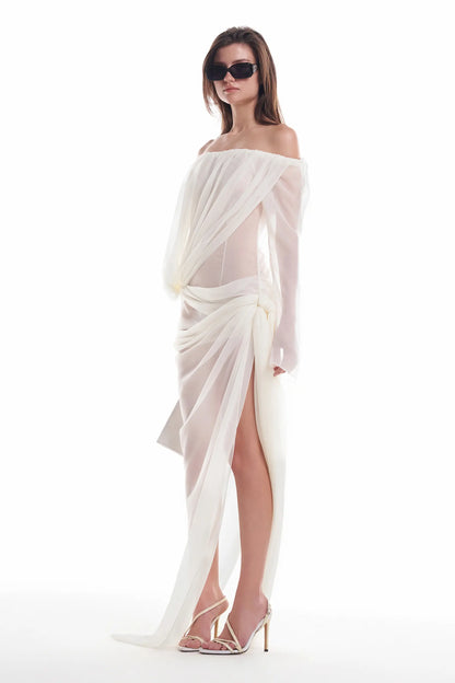 Off-shoulder draped sheer dress