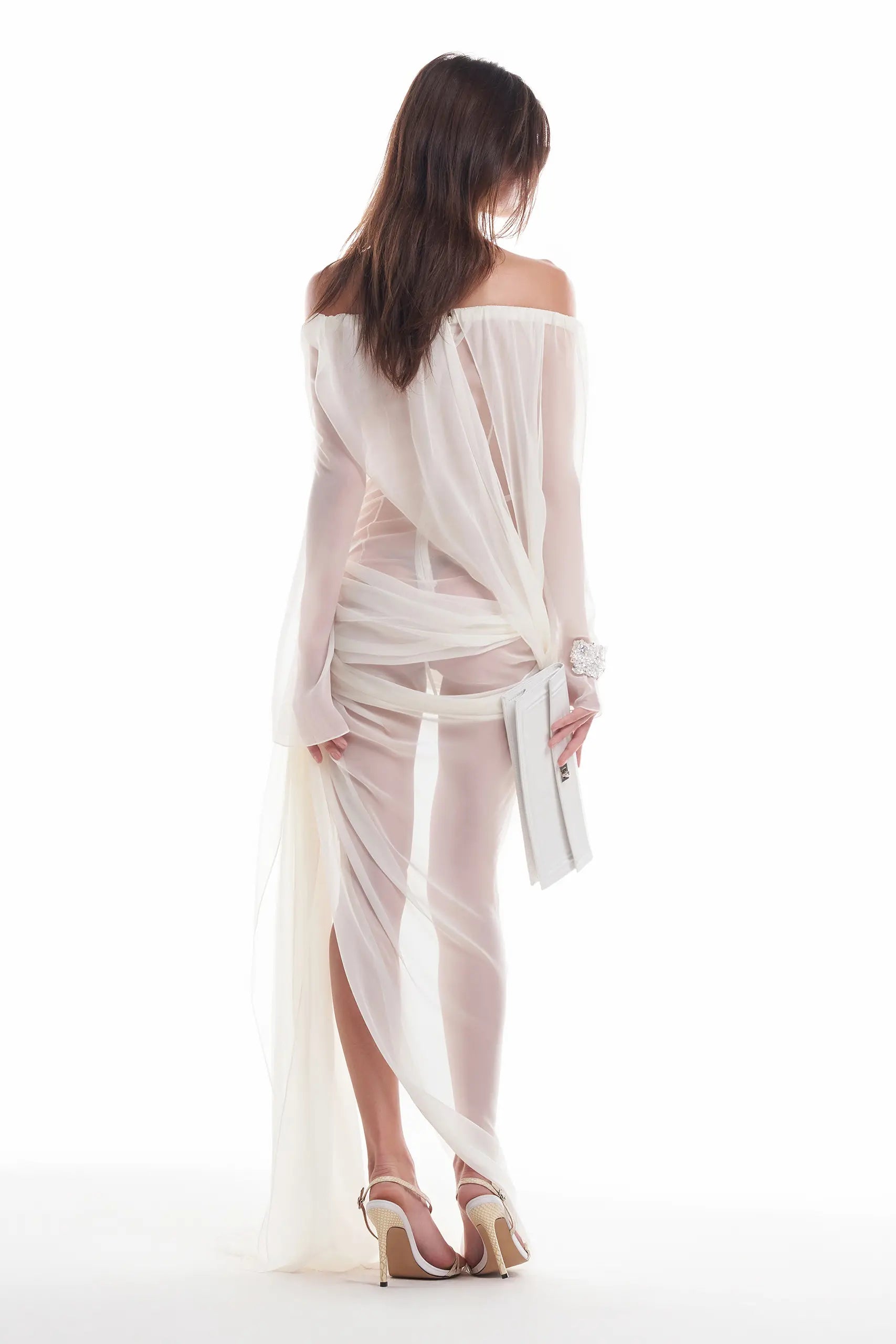 Off-shoulder draped sheer dress