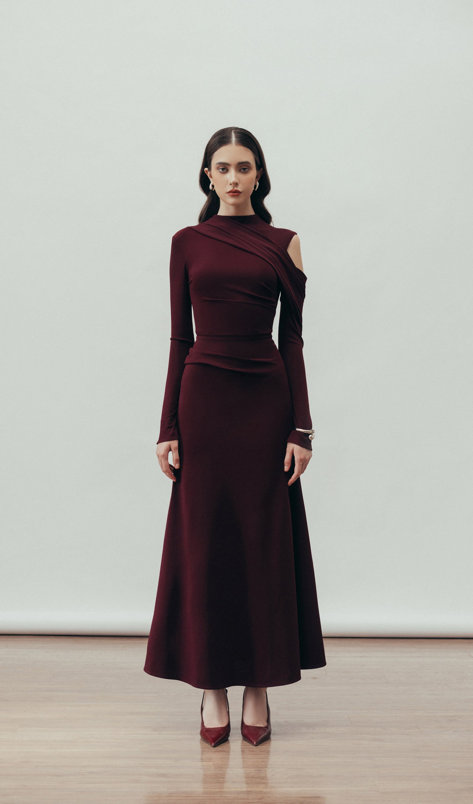 Solid Fitted Draped Maxi Dress