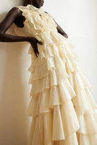 Tiered Ruffle Sleeveless V-Neck Metal-Detail Pale Yellow Resort Dress