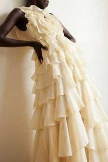 Tiered Ruffle Sleeveless V-Neck Metal-Detail Pale Yellow Resort Dress