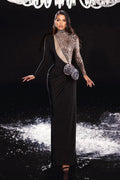 High-Neck Long-Sleeve Leopard Mesh Splicing Rhinestone Floral Appliqué Side Slit Dress