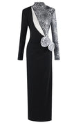 High-Neck Long-Sleeve Leopard Mesh Splicing Rhinestone Floral Appliqué Side Slit Dress