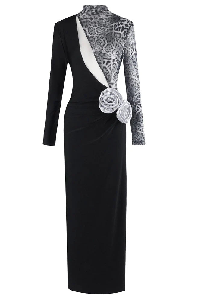 High-Neck Long-Sleeve Leopard Mesh Splicing Rhinestone Floral Appliqué Side Slit Dress