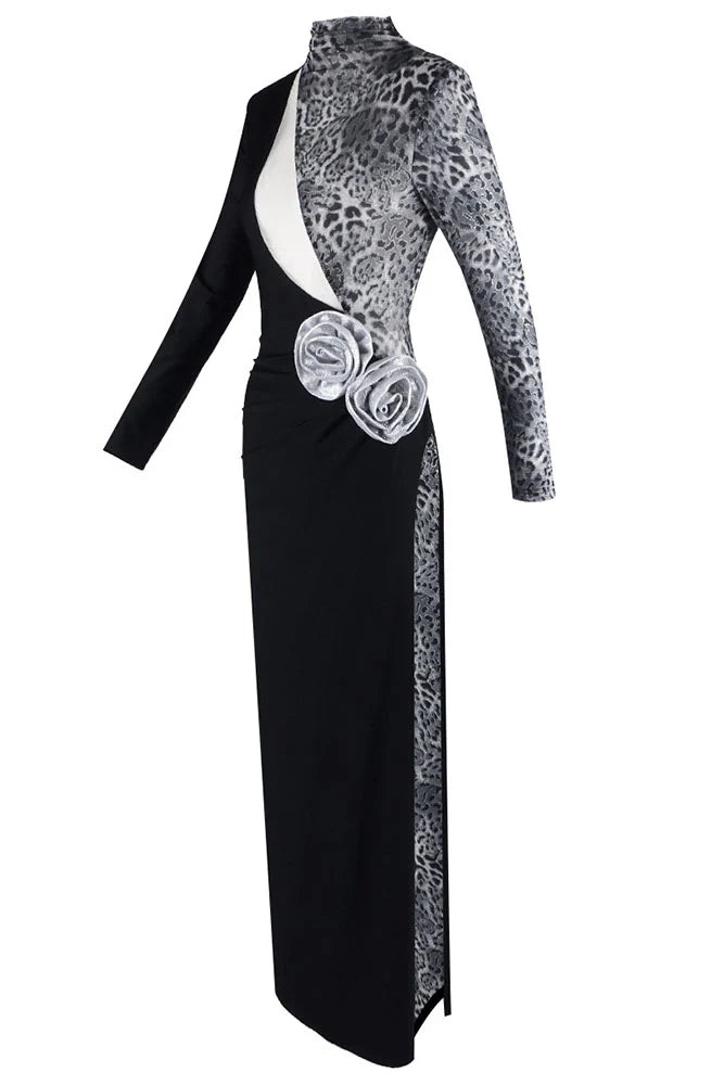 High-Neck Long-Sleeve Leopard Mesh Splicing Rhinestone Floral Appliqué Side Slit Dress