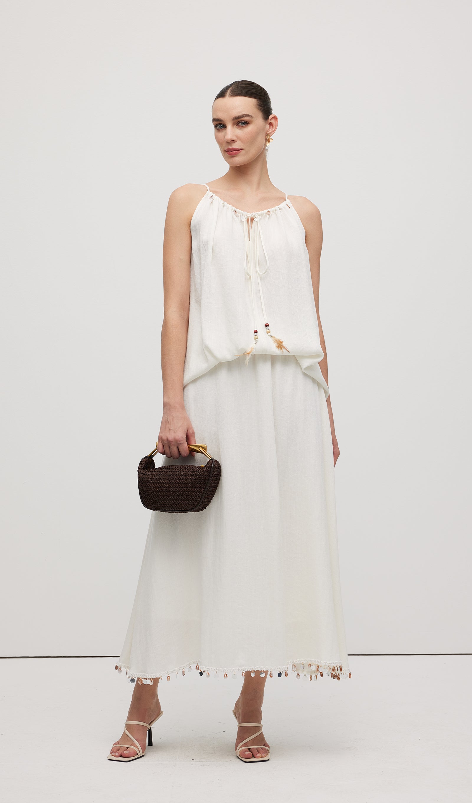 Cotton And Linen Lace Up Midi Skirt Sets
