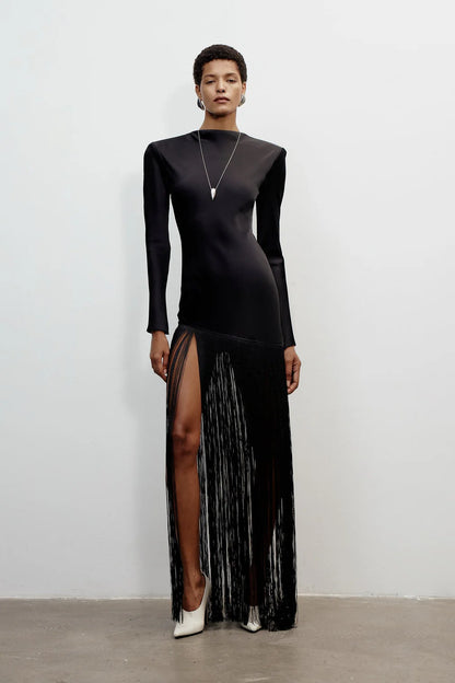 Boat Neck Long-Sleeve Satin-Paneled Tassel Dress