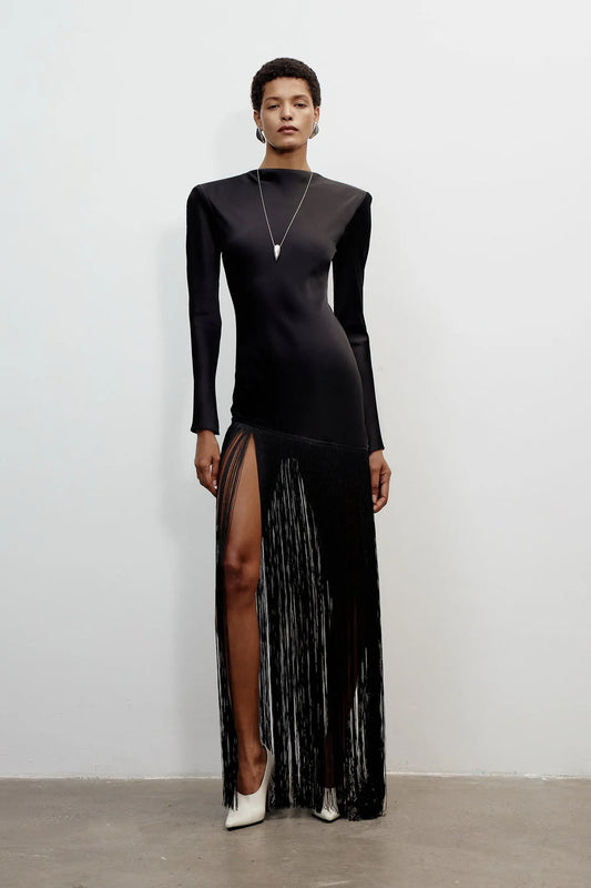 Boat Neck Long-Sleeve Satin-Paneled Tassel Dress