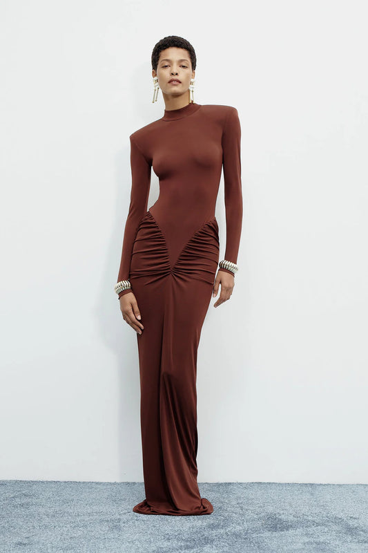 Mid-Neck Long-Sleeve Ruched Dress