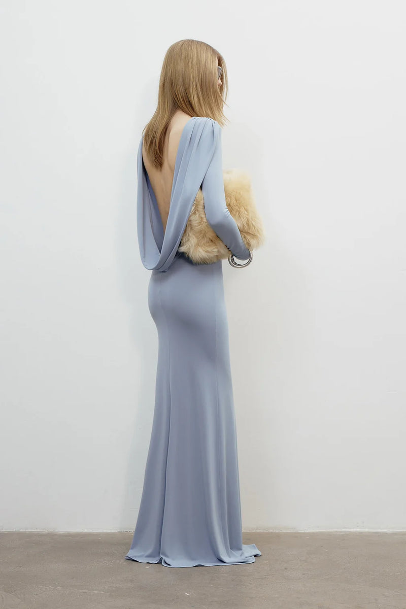Long-Sleeve Shoulder-Deconstructed Backless Dress