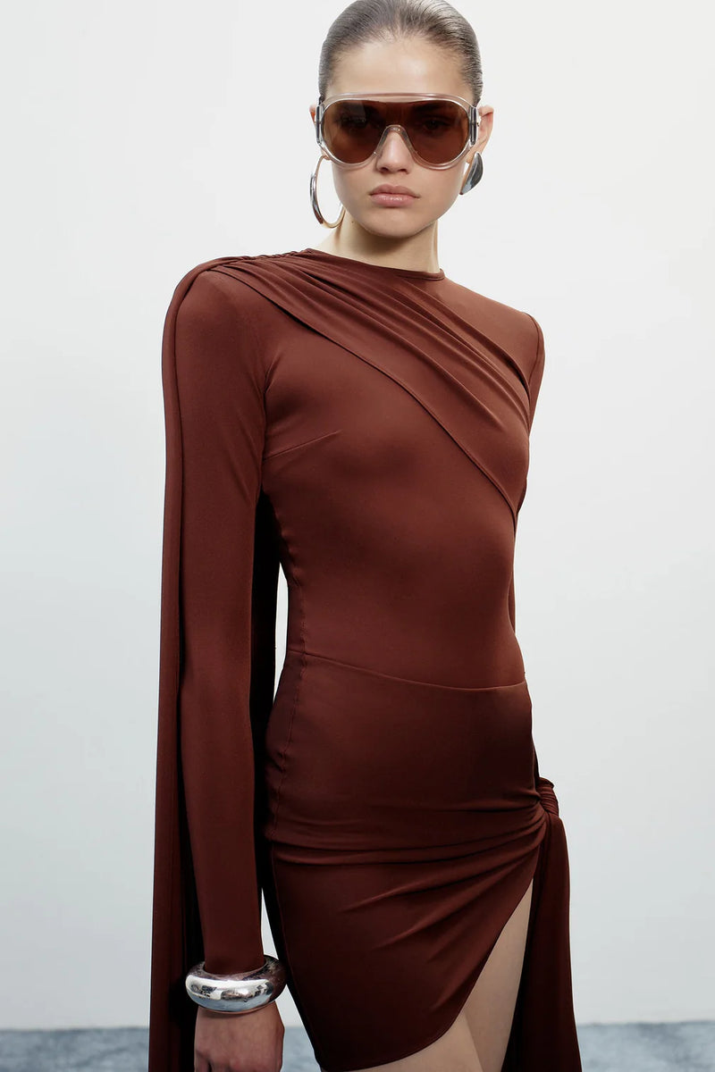 Long-Sleeve Crew Neck Shoulder-Padded Draped Caped Mini Dress