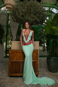 Sleeveless Halter Deep-V Lace-Trim Mesh-Panel Floor-Length Dress