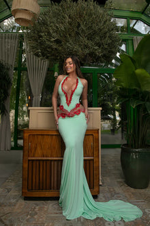 Sleeveless Halter Deep-V Lace-Trim Mesh-Panel Floor-Length Dress
