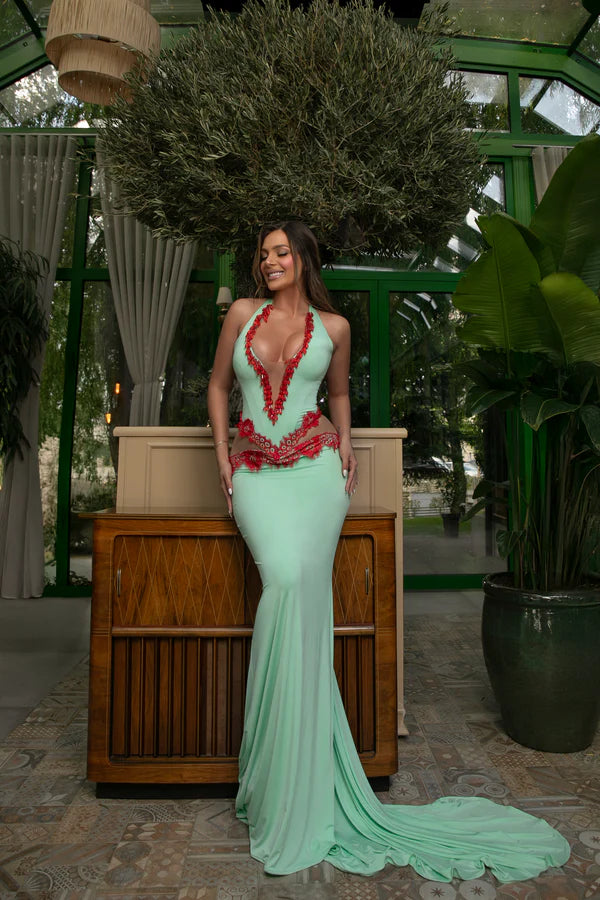 Sleeveless Halter Deep-V Lace-Trim Mesh-Panel Floor-Length Dress
