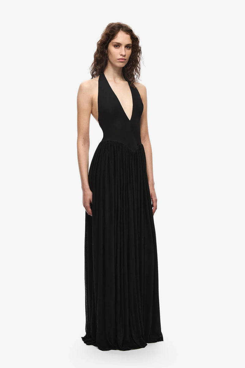 Halter V-Neck Curved-Seam Mesh-Panel Dress