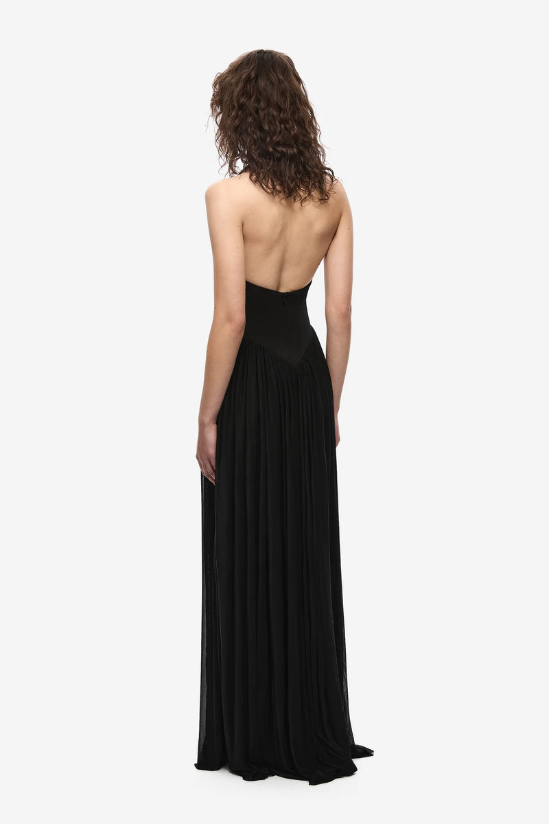 Halter V-Neck Curved-Seam Mesh-Panel Dress