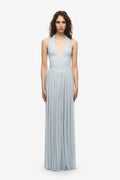 Halter V-Neck Curved-Seam Mesh-Panel Dress