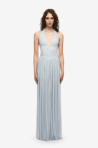 Halter V-Neck Curved-Seam Mesh-Panel Dress