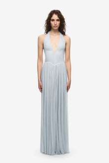 Halter V-Neck Curved-Seam Mesh-Panel Dress