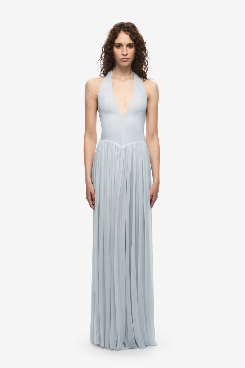 Halter V-Neck Curved-Seam Mesh-Panel Dress