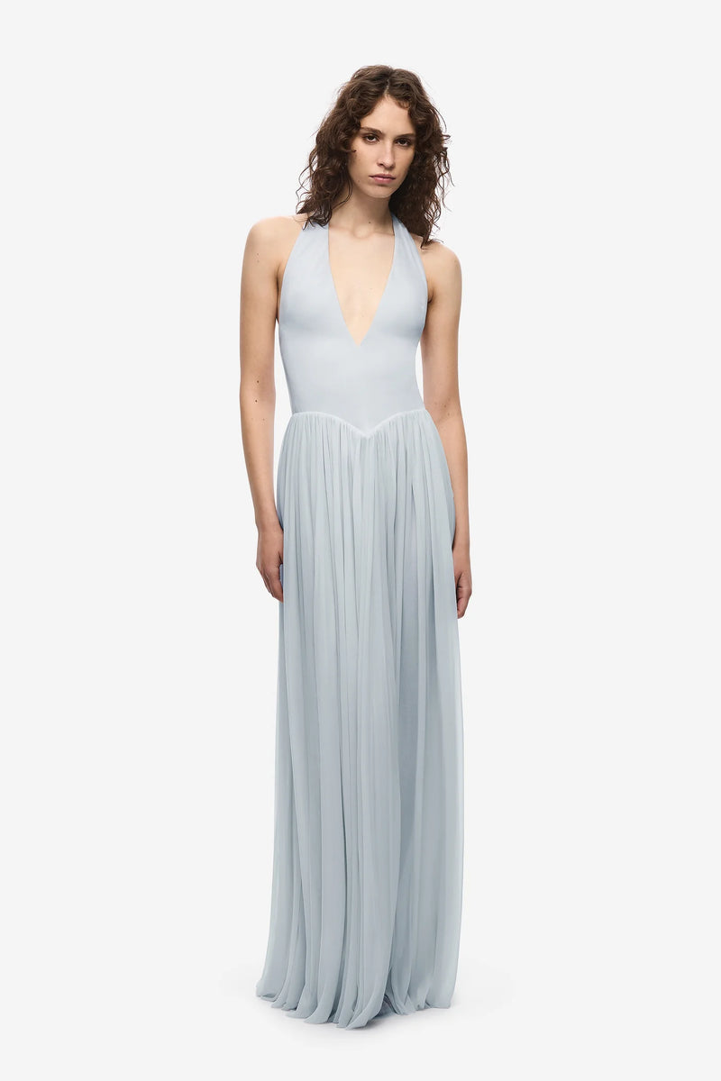 Halter V-Neck Curved-Seam Mesh-Panel Dress
