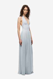 Halter V-Neck Curved-Seam Mesh-Panel Dress